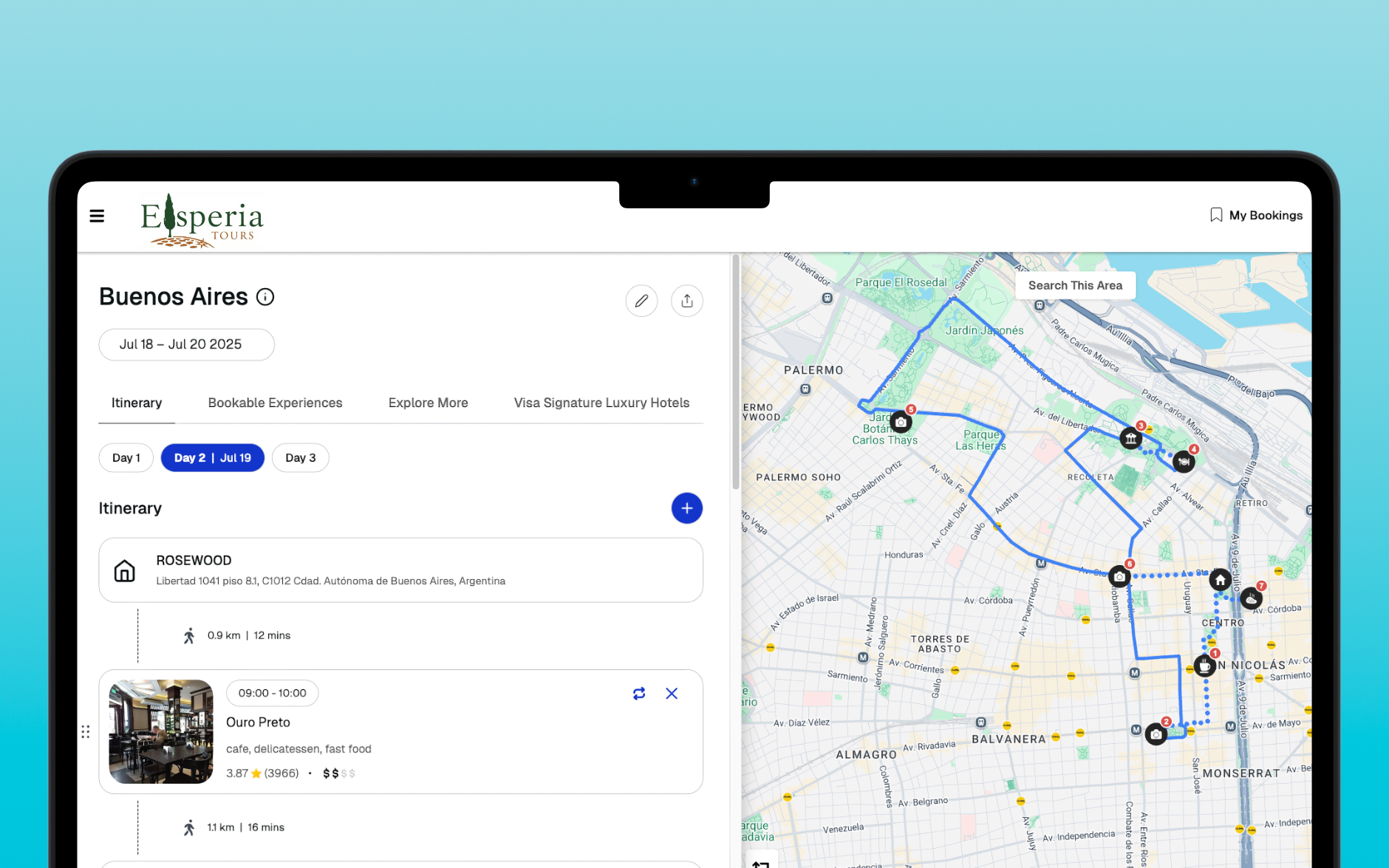 A personalized trip itinerary with AI recommendations and smart routing to POIs on a map